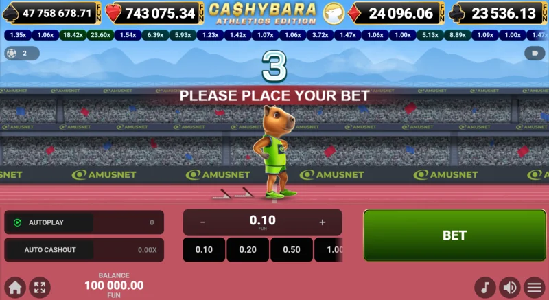 Cashybara Athletics Edition - skrējiena galvenais ekrāns ar koeficientu skaitītāju